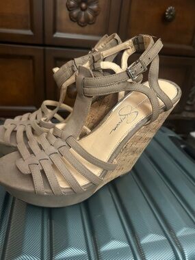 Jessica Simpson Taupe Strappy Cork Wedge Sandals